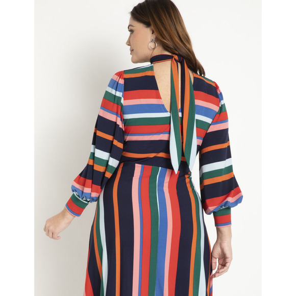 Elouqii Dress Womens 14 Multicolor Striped Keyhole Long Puff Sleeves A Line Midi - Picture 10 of 15